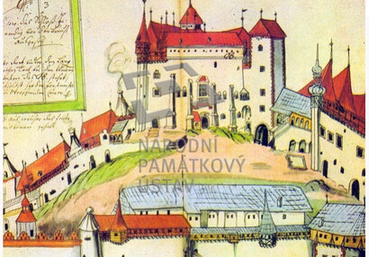 Dolní nádvoří Křivoklátu před požárem v roce 1643